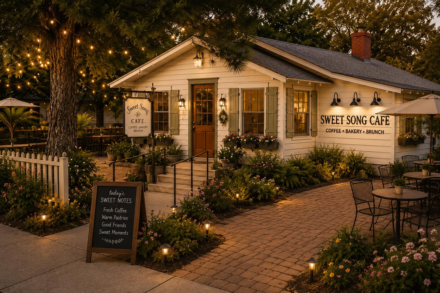 The SweetSong Café cottage at dusk with string lights, patio tables and the chalkboard sign