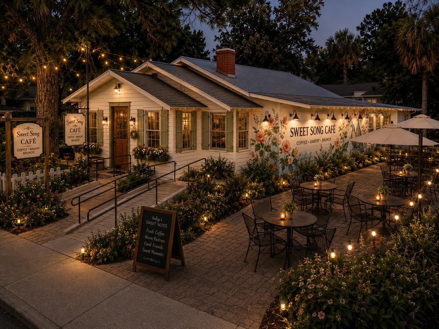 SweetSong Café at night with patio tables and string lights