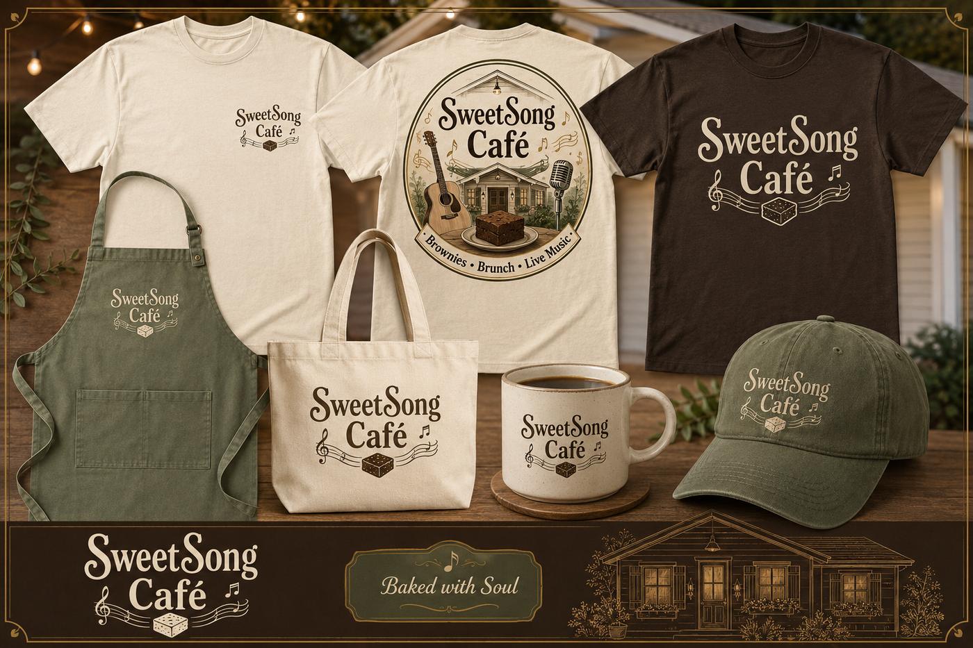 The full SweetSong Café merch collection on a wooden table